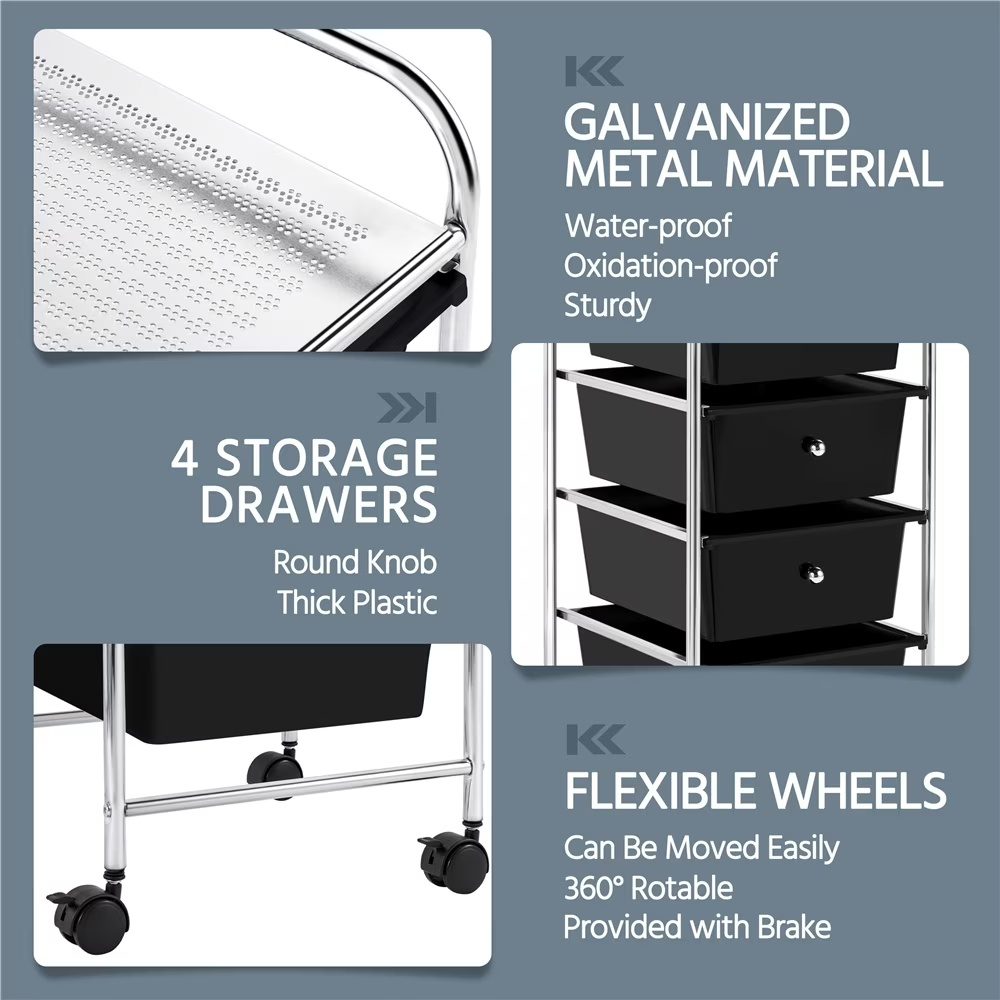 4 Drawers Metal Frame Storage Cart Rolling Bin Trolley, Black - Image 2