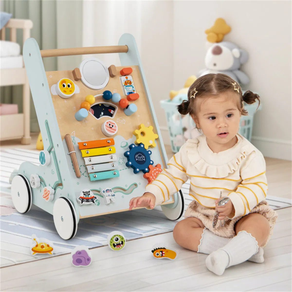 8-in-1 Wooden Baby Walker Push and Pull Learning Activity Center with Wheels for Toddlers 1+ Years Old - Image 3