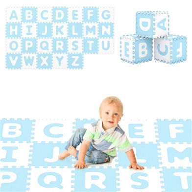 26PCS ABC Alphabet EVA Foam Play Mat, 31.75×31.75×1.02cm BPA-Free Non-Slip Floor Tiles for 10+ Months, Blue+White