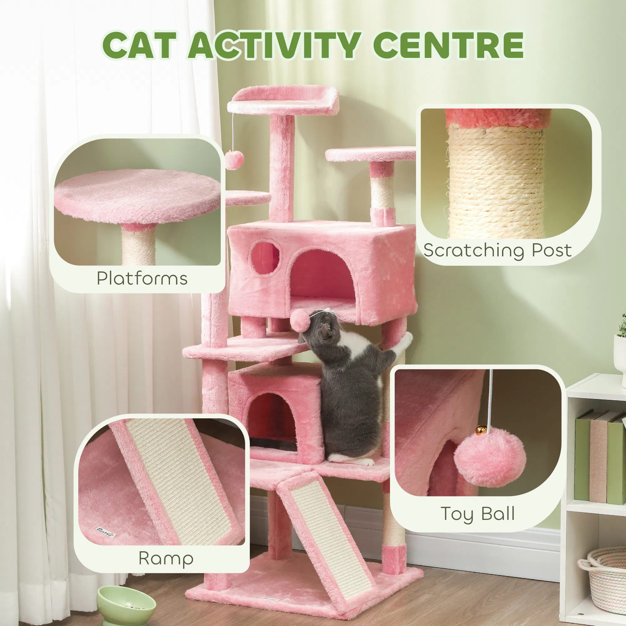 54" Cat Tree, Multi-Level Cat Tower with Scratching Posts, Cat Condos, Bed, Platforms, Ramp, Toy Ball, Pink - Image 3