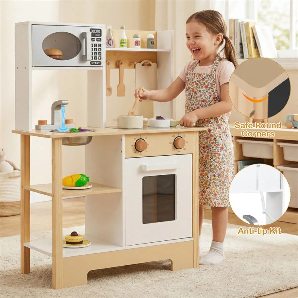Kids Wooden Play Kitchen with 13 Accessories, Pretend Cooking Set with Chalkboard for 3+, White + Natural - Image 7