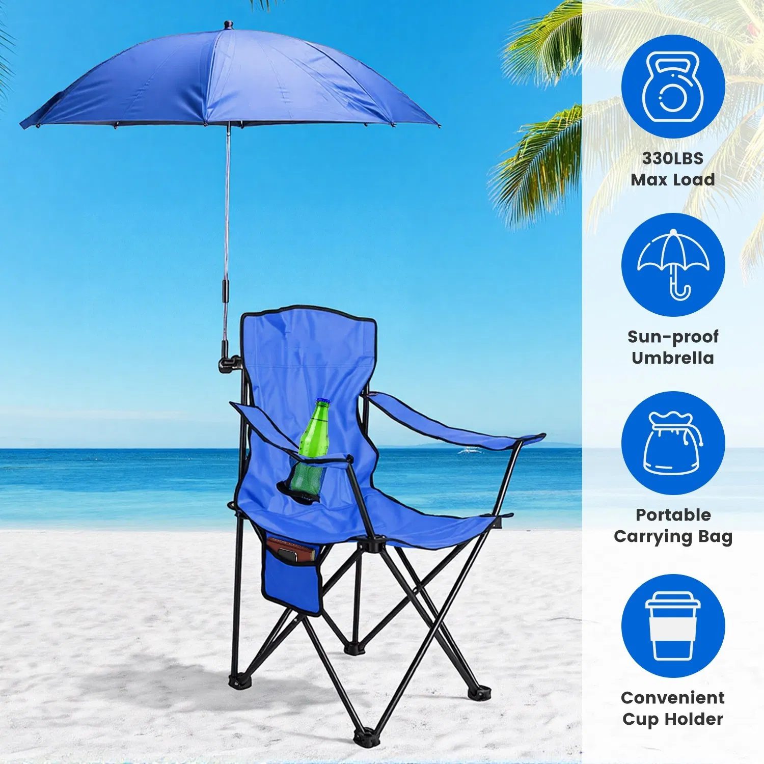 Folding Camping Chair with Detachable 8-Rib Sun Umbrella, 42.13 Inch Canopy Aluminum Alloy Portable Lawn Chair Supports 330LBS with Cup Holder