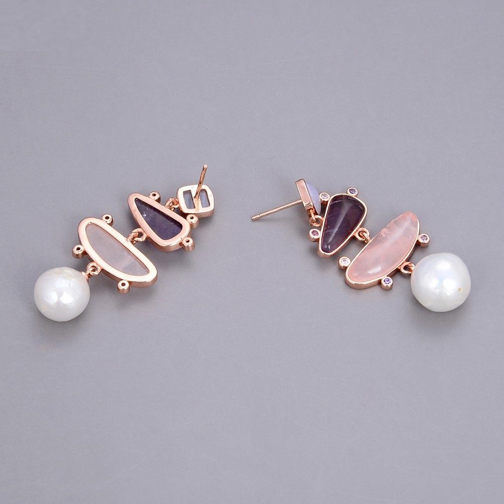 Women's Small Pendant Earrings White Pearl Blue Chalcedony Rose Quartz Amethyst - Image 4