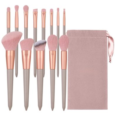 13-piece pink makeup brush set, complete for face and eye application, soft bristles for smooth powder pickup, comes with a velvet storage pouch
