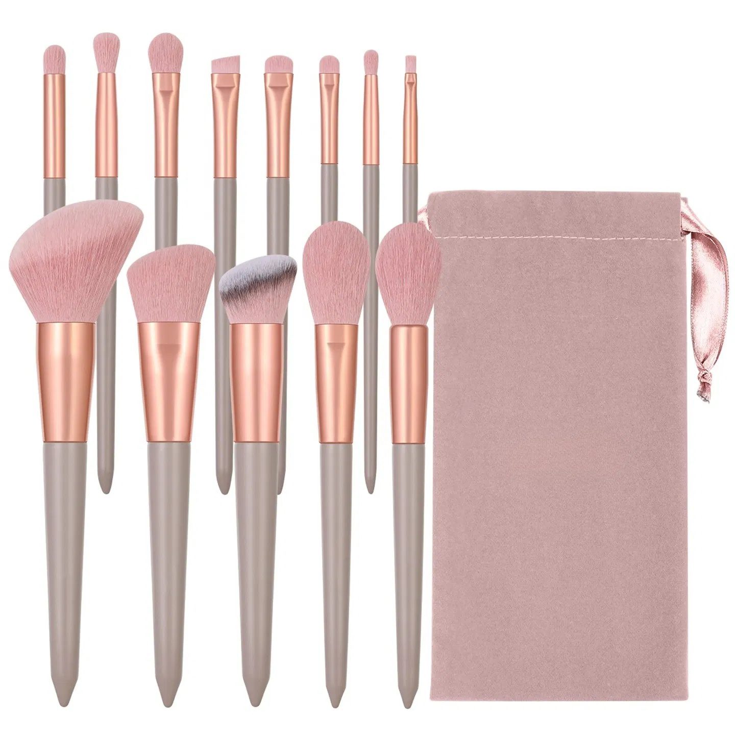 13-piece pink makeup brush set, complete for face and eye application, soft bristles for smooth powder pickup, comes with a velvet storage pouch