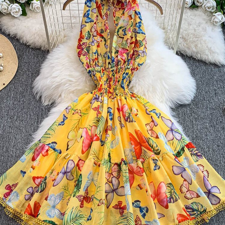 Retro-printed Resort-style Deep-V-neck Halter Dress - Image 2