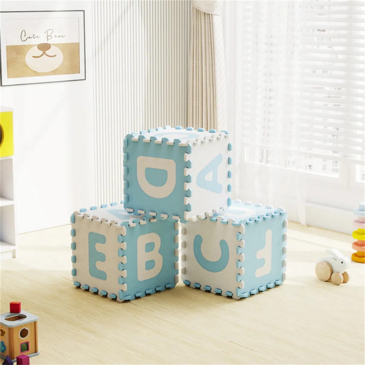 حصيرة لعب إسفنجية EVA للحروف الأبجدية ABC مكونة من 26 قطعة، 31.75×31.75×1.02cm، بلاستيك BPA-Free، بلاطات أرضية غير قابلة للانزلاق للأطفال بعمر 10 أشهر فأكثر، أزرق+أبيض - الصورة 3