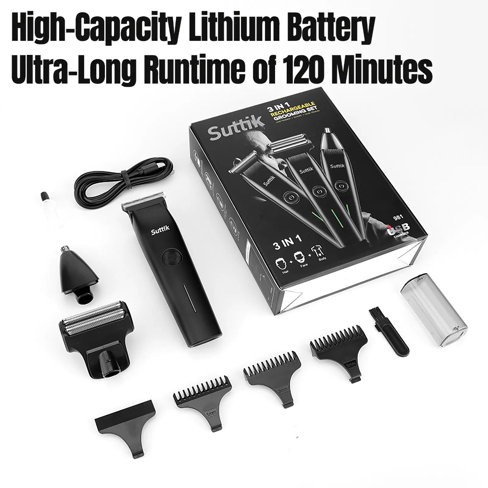 Beard Trimmer, 3 in 1 Hair Clippers and Mens Grooming Kit, Face, Nose, Ear Hair Trimmer - Black - Image 7