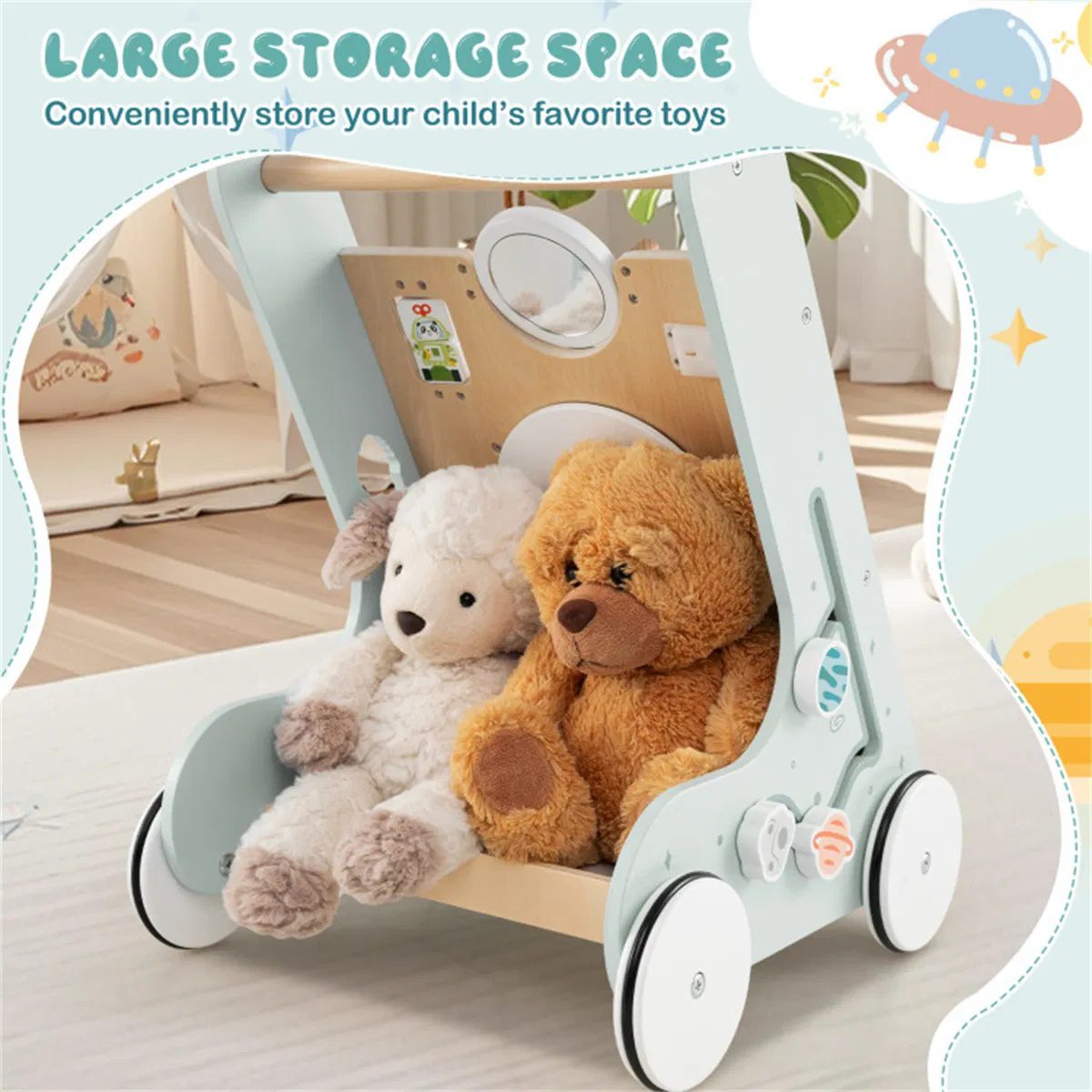 8-in-1 Wooden Baby Walker Push and Pull Learning Activity Center with Wheels for Toddlers 1+ Years Old - Image 7