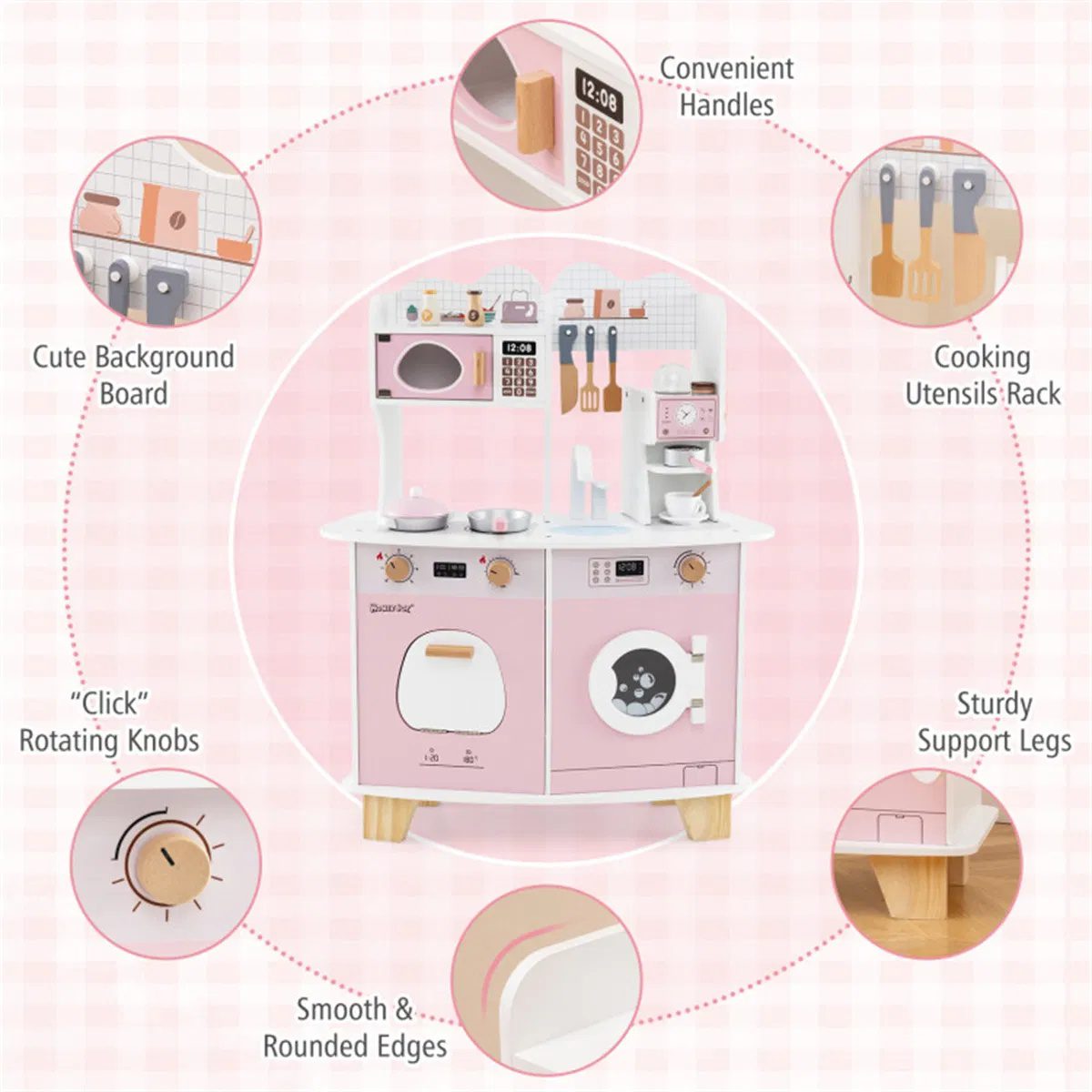 Pink Kids Coffee Kitchen Playset with Microwave Oven Stove for 3+ Years Old - Image 9