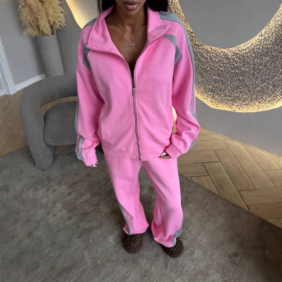 Womens Long-Sleeve Zip-Up Jacket And Sweatpants Two-Piece Set - Image 3
