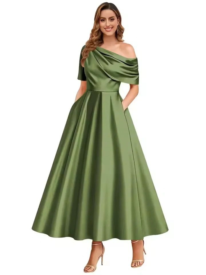 New Elegant And Sophisticated Satin Off-Shoulder Solid Color Dress - Image 6