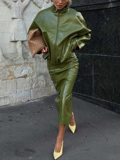 Olive Green Faux Leather Jacket And Midi Skirt Set
