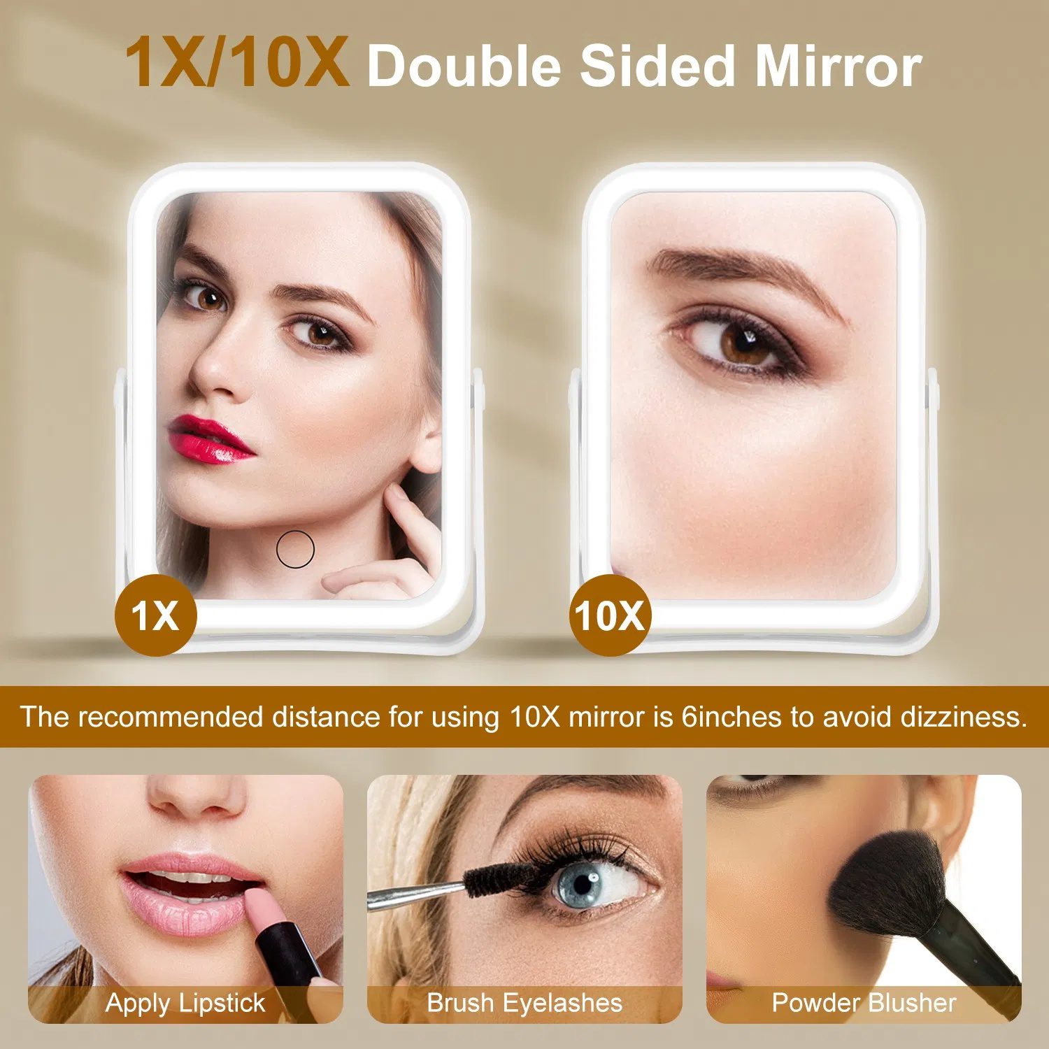 Double-Sided LED Makeup Mirror, 1X/10X Magnification with 3 Light Colors, USB Rechargeable Travel Vanity Mirror - الصورة 10