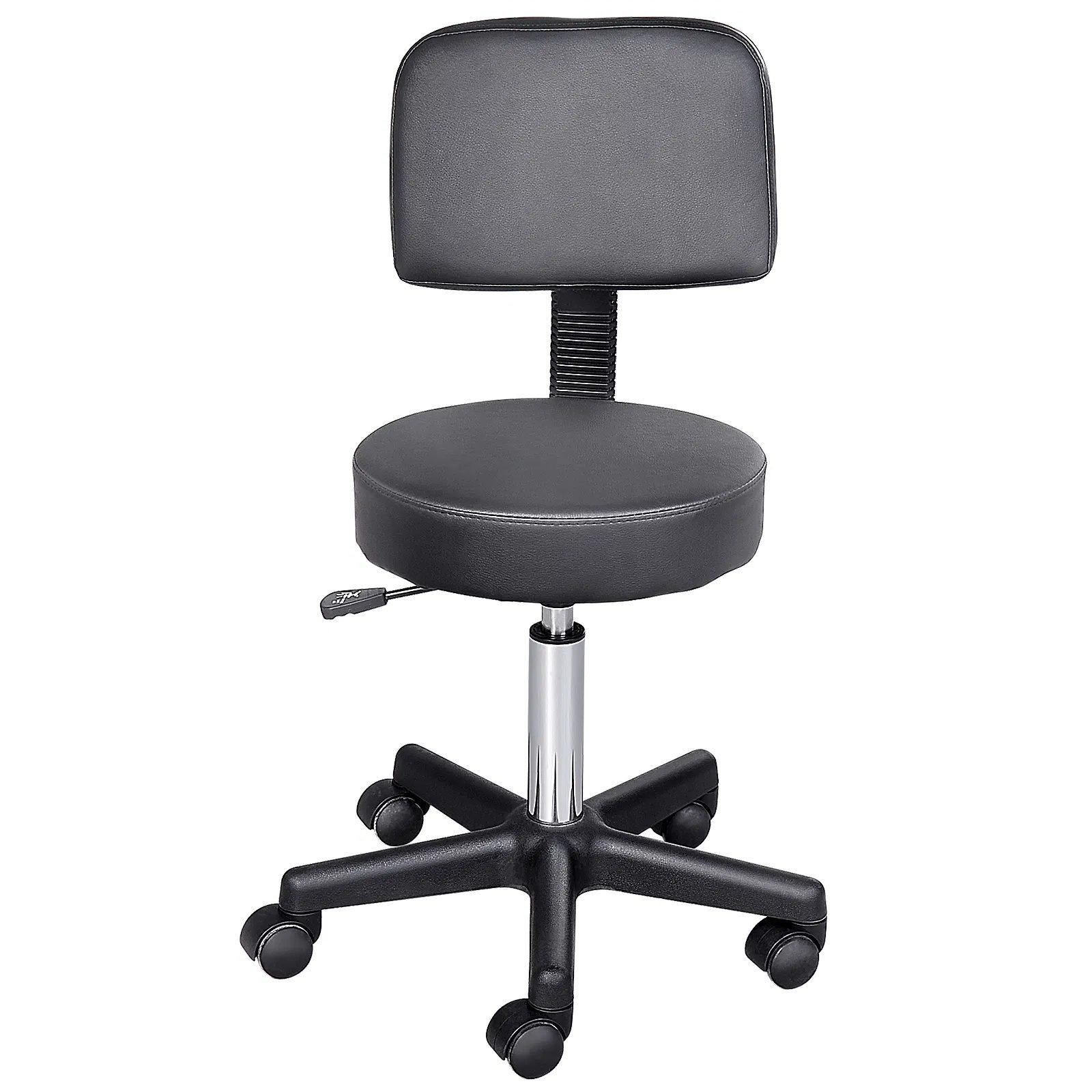 Rolling Stool Comfort: PU Leather Adjustable Swivel Drafting Stool with Back for Salon, Spa, Massage, Black Seating