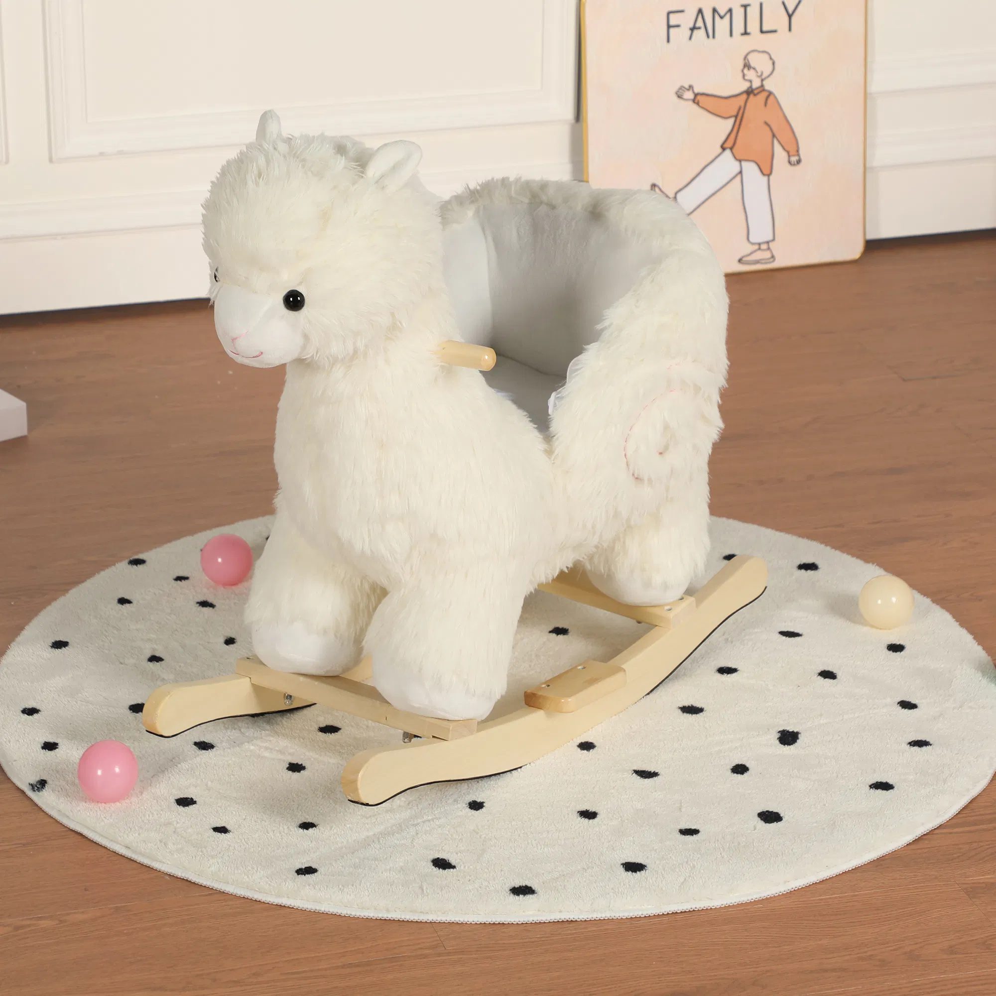 Kids Ride-On Rocking Horse Toy with Lullaby Song,Alpaca Rocking Toy with Hand Puppets and Safety Belt For Children 1-3 Years,Soft Plush Fabric,White - Image 2