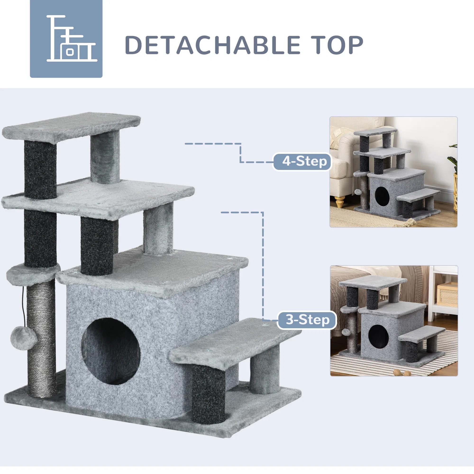 Cat Stairs Pet Steps for Couch Bed with Scratching Posts Condo Ball Toy, 23.6" x 15.7" x 26", Grey - Image 3