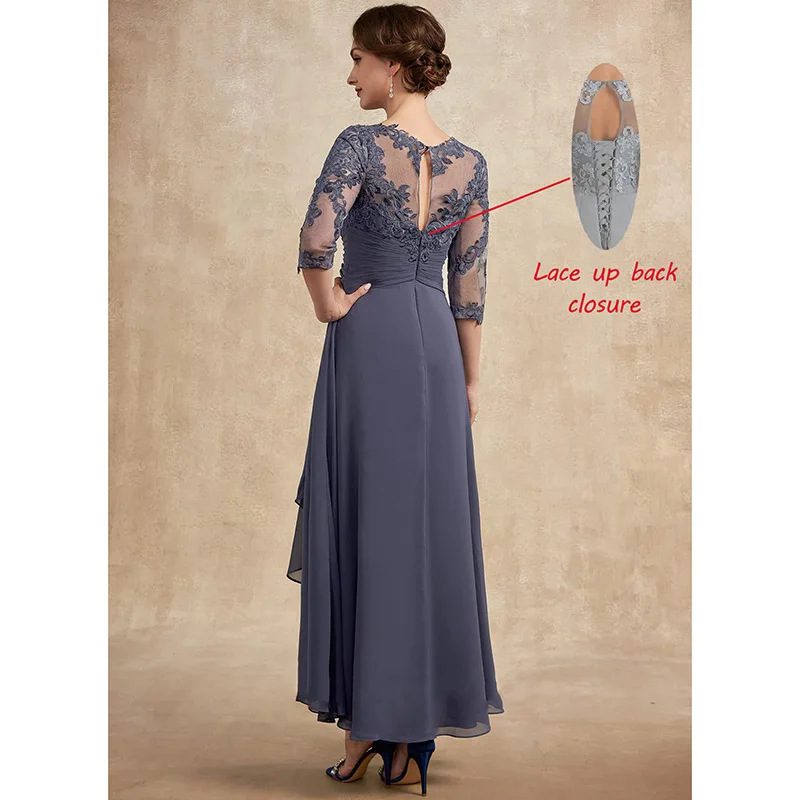 Lace Applique Chiffon Dress Mid-sleeve Mom Dress - Image 3