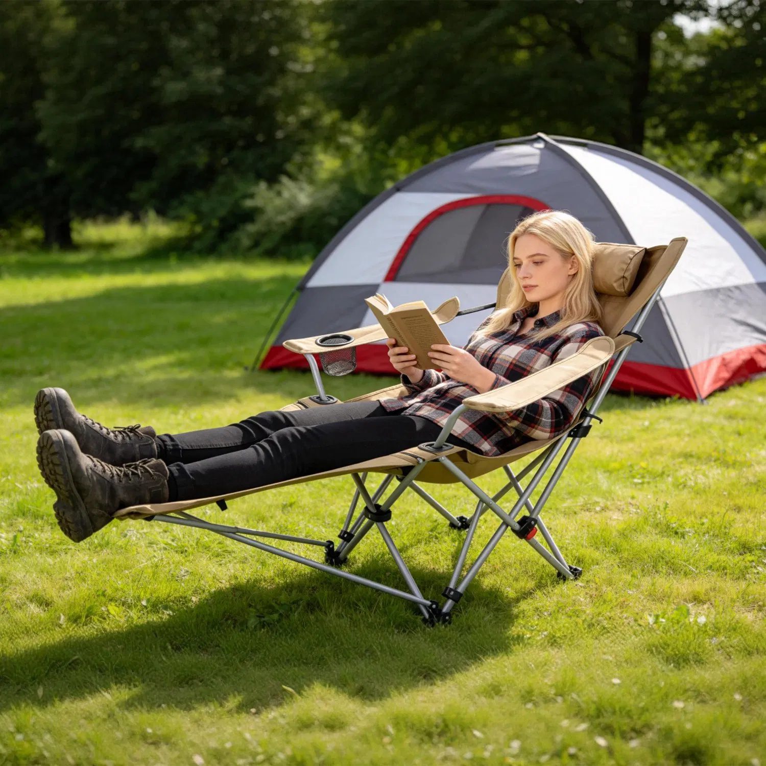 Portable Folding Camping Chair with Removable Footrest Waterproof Oxford Cloth Support 220lbs Multifunctional Recliner Chair with Cup Holder & Side Pocket - Image 3
