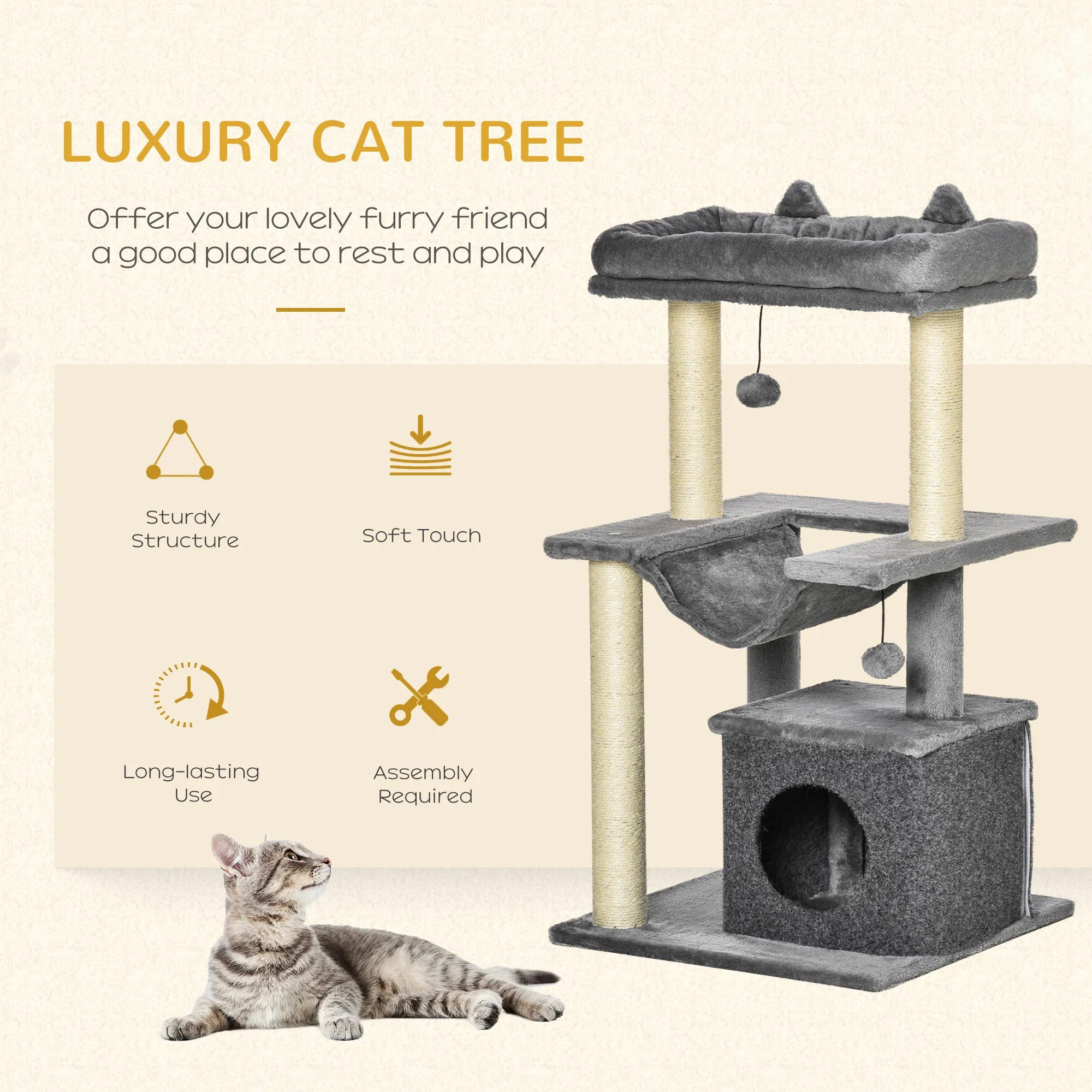 39.25'' Cat Tree Tower Multi-Level Kitten House with Scratching Post Condo Hammock Bed Ball Toy - Gray - Image 3