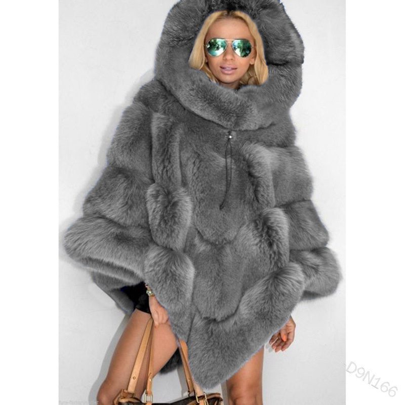 Solid Color Hooded Faux Fur Patchwork Loose Coat Elegant Commuter Cape Women's - Image 5