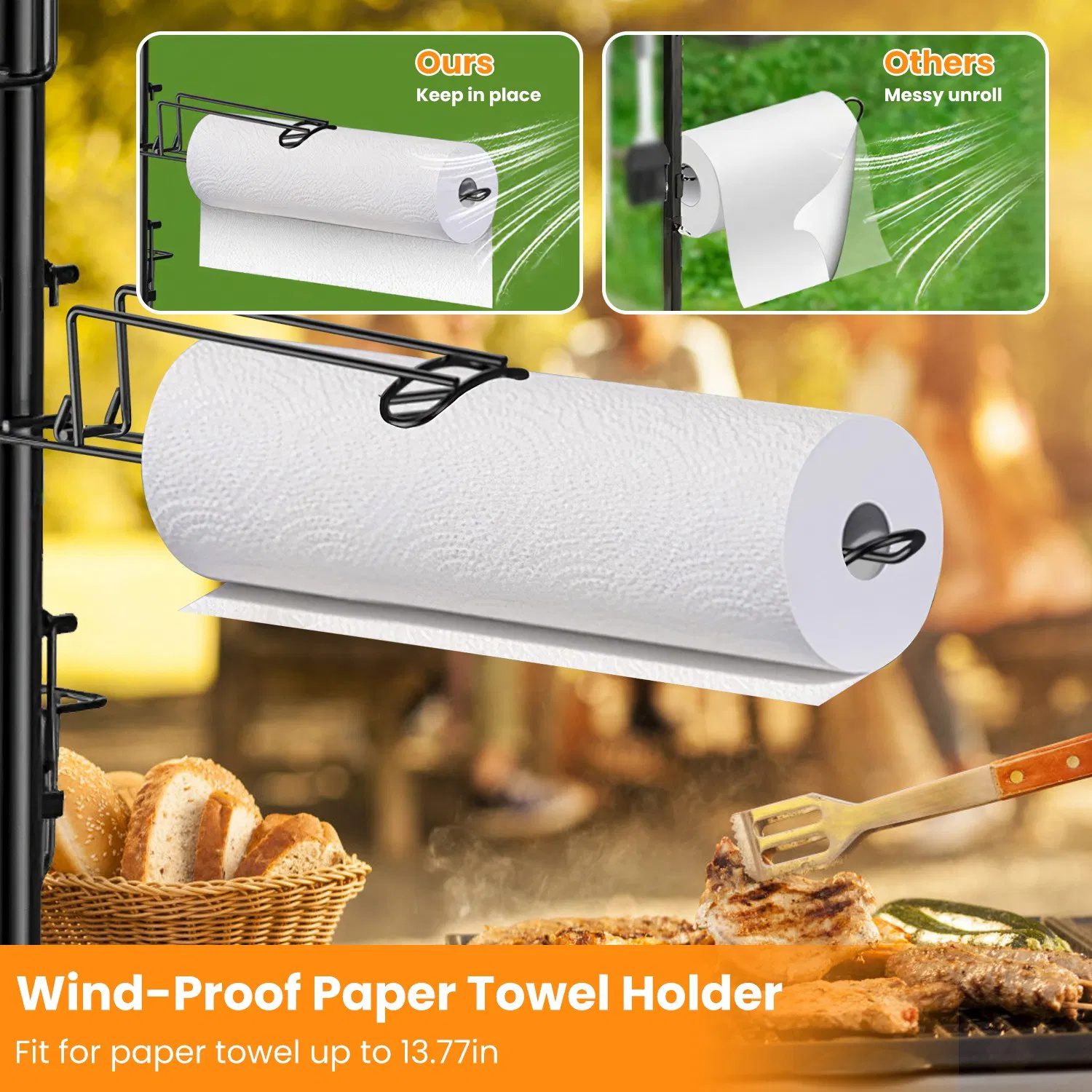 Outdoor BBQ Griddle Caddy Organizer, Multi-Size Storage Baskets & 10 Hanging Hooks, Wind Resistant Paper Towel Holder, Heavy-Duty Rustproof Rack for Camping Picnic - Image 8