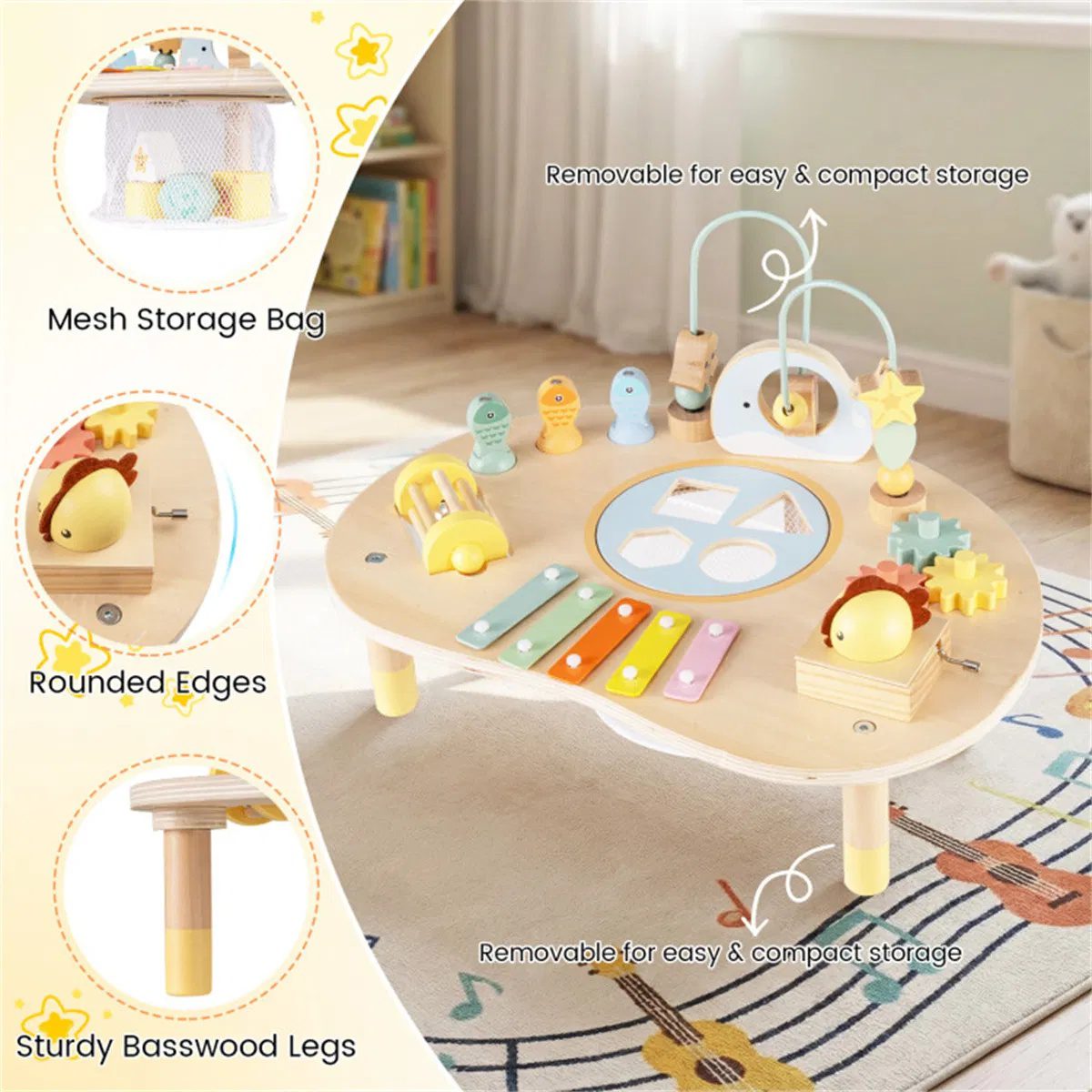 7-in-1 Wooden Baby Activity Table 12M+ Sensory Play Table with Music & Shape Sorting - Image 9