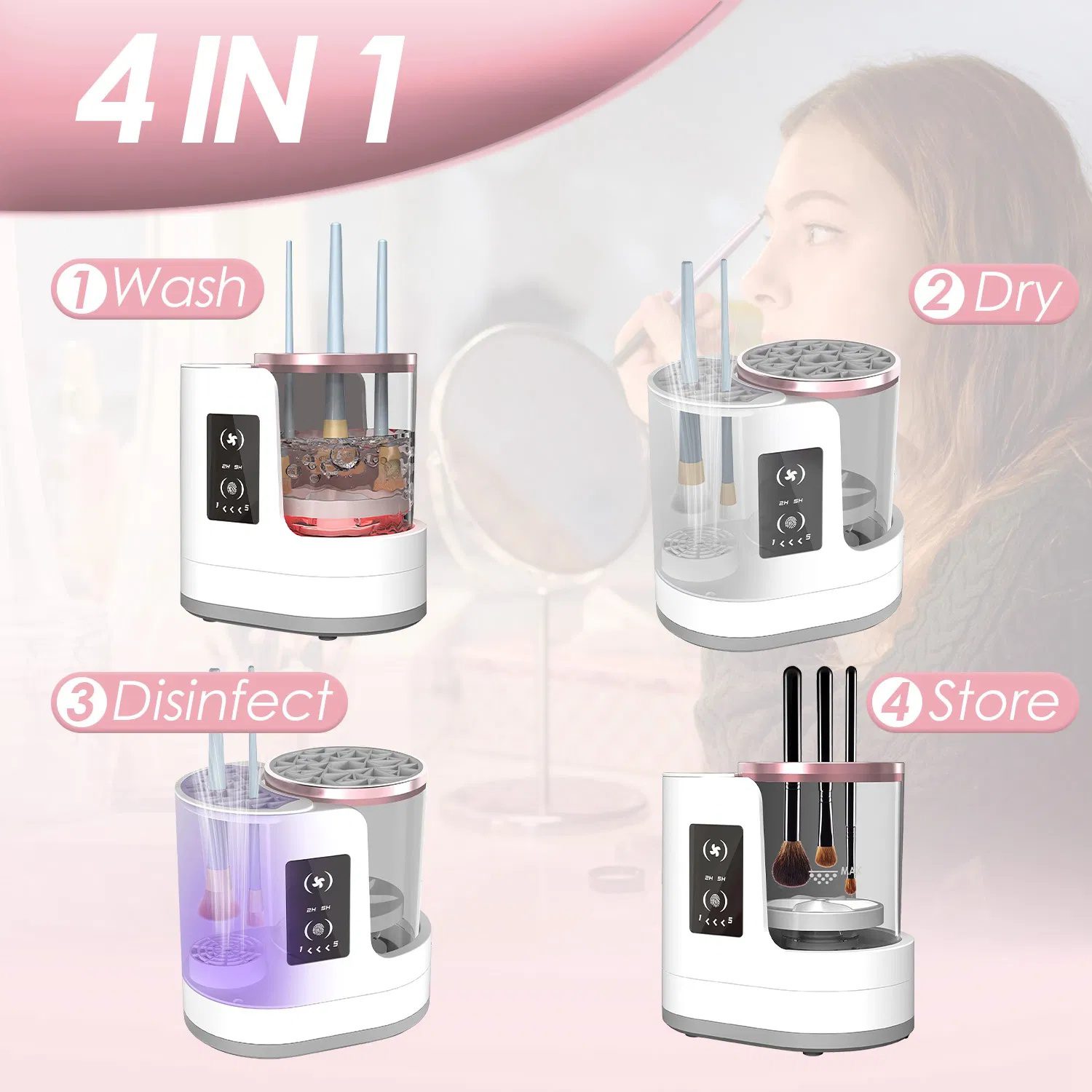 4 In 1 Electric Makeup Brush Cleaner USB Powered Automatic Brush Blender Machine with Timer Digital Display Cleaning Drying UV Disinfection Brush Storage For All Types of Brushes - Image 6
