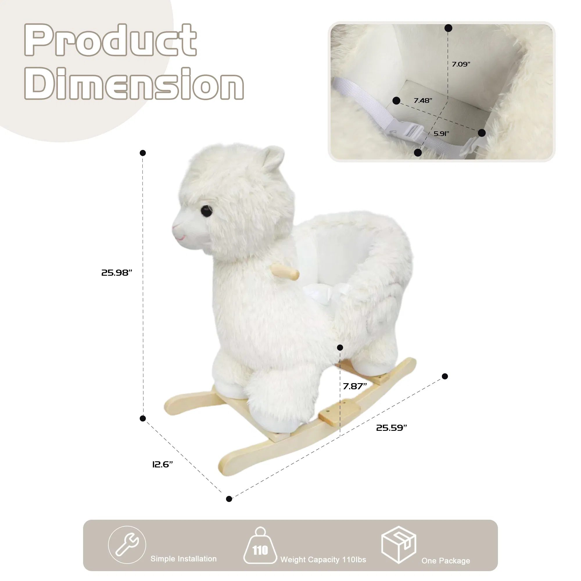 Kids Ride-On Rocking Horse Toy with Lullaby Song,Alpaca Rocking Toy with Hand Puppets and Safety Belt For Children 1-3 Years,Soft Plush Fabric,White - Image 4