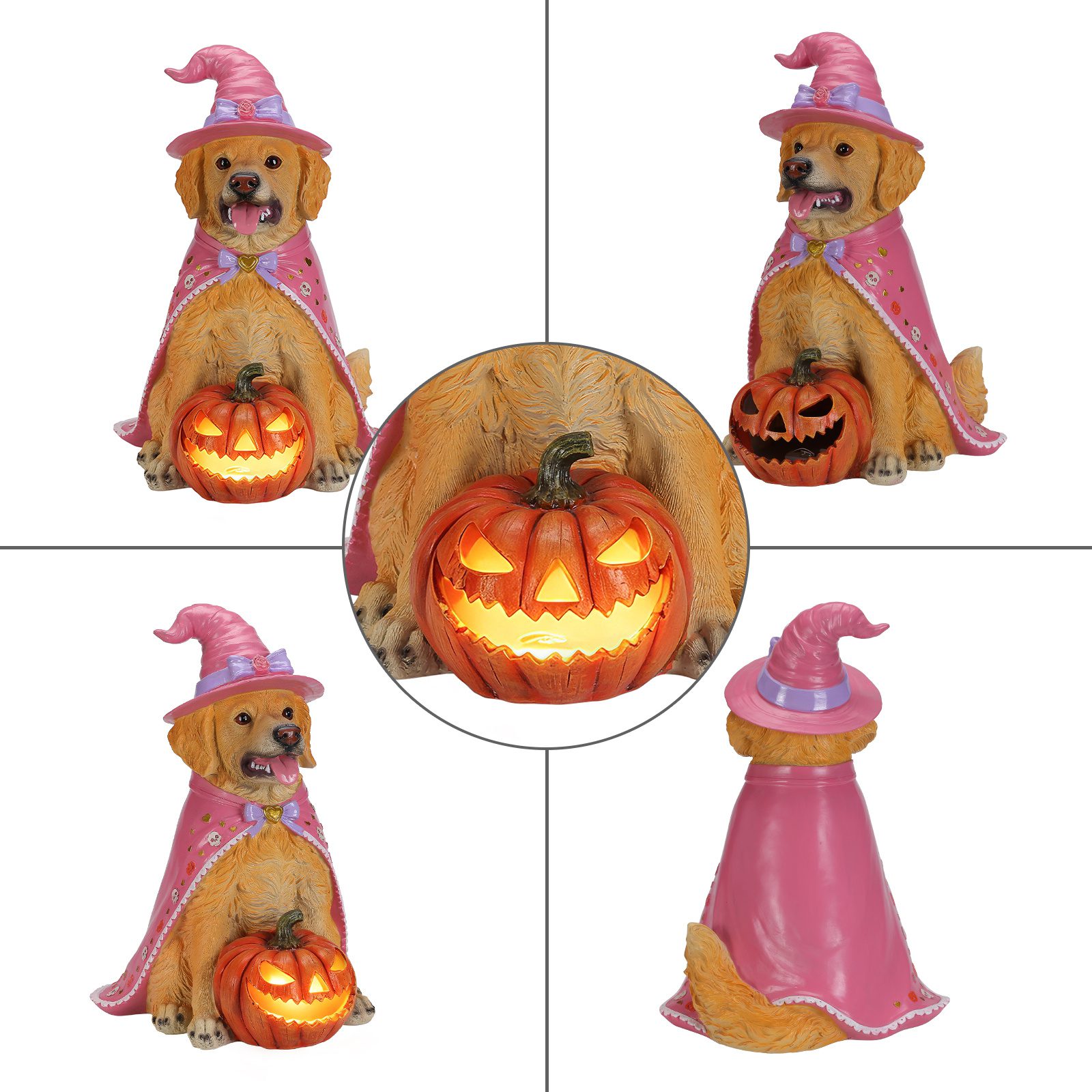 Halloween Golden Retriever Dog Statue, Large Sitting Dog Figurine with Pink Witch Hat & Cape, LED Light Up Jack-O-Lantern Pumpkin - Image 10