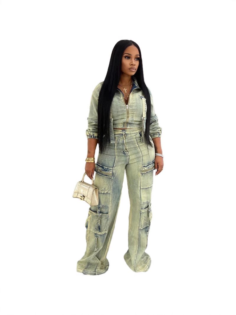 Fashionable And Sexy Washed Denim Jacket And Pants Set - Image 6