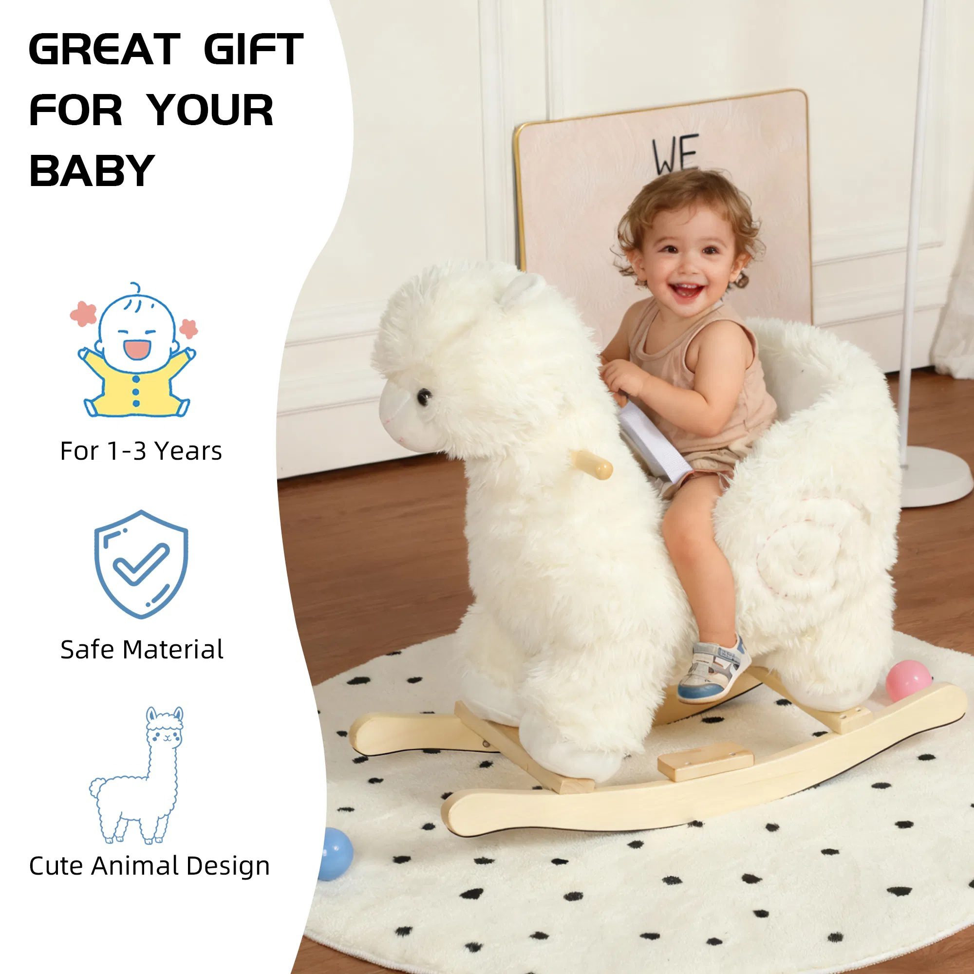 Kids Ride-On Rocking Horse Toy with Lullaby Song,Alpaca Rocking Toy with Hand Puppets and Safety Belt For Children 1-3 Years,Soft Plush Fabric,White - Image 7