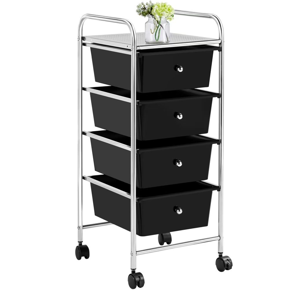 Rolling Trolley Storage Cart Bin With 4 Plastic Drawers On Wheels, Black - Image 4