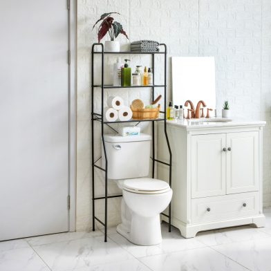 Over-the-Toilet Steel Storage Unit With 3 Shelves And Liners, Matte Black