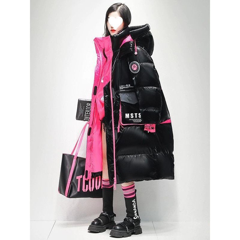 Womens Winter Loose Western-Style Over-the-Knee Long Thermal Patchwork Down Jacket - Image 3