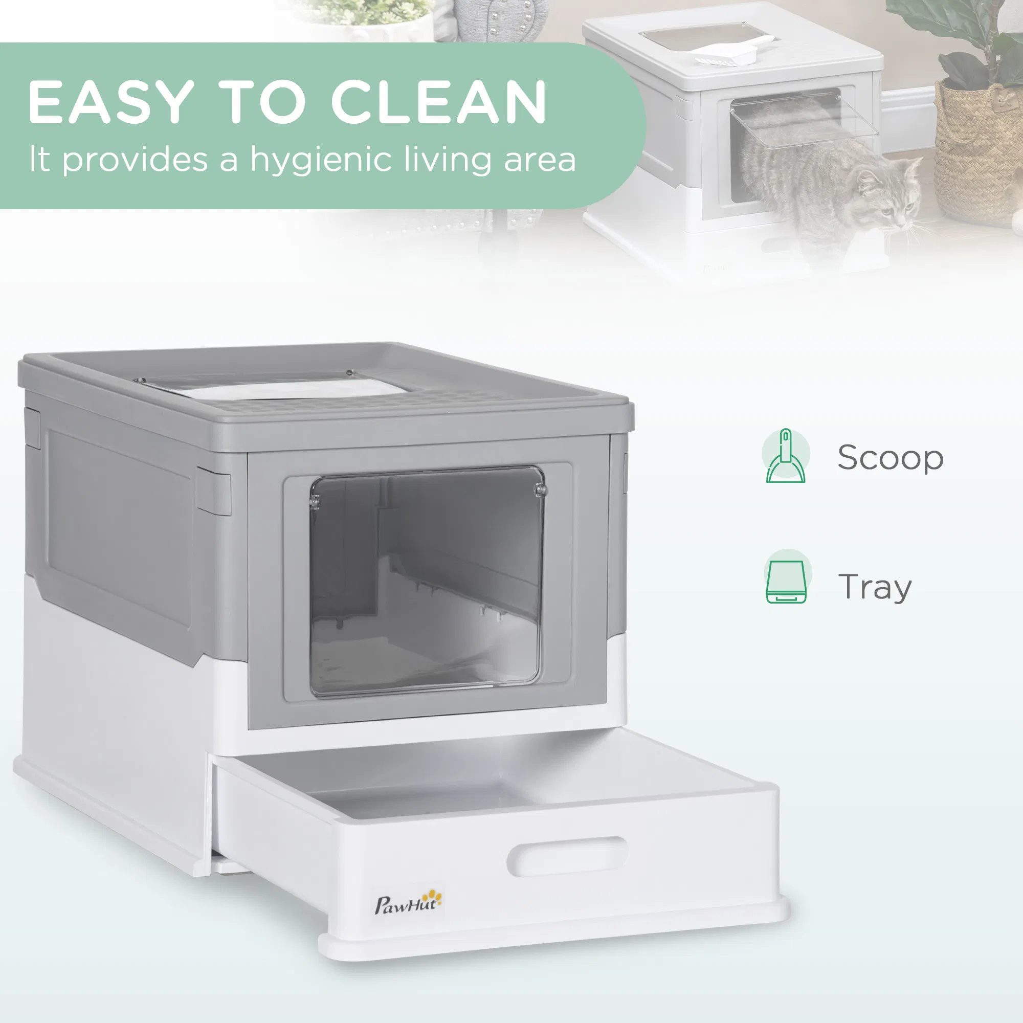 Top Entry Enclosed Kitty Litter Box with Scoop, Tray, Front Entry, Large Space, Foldable, Portable, Grey - Image 4