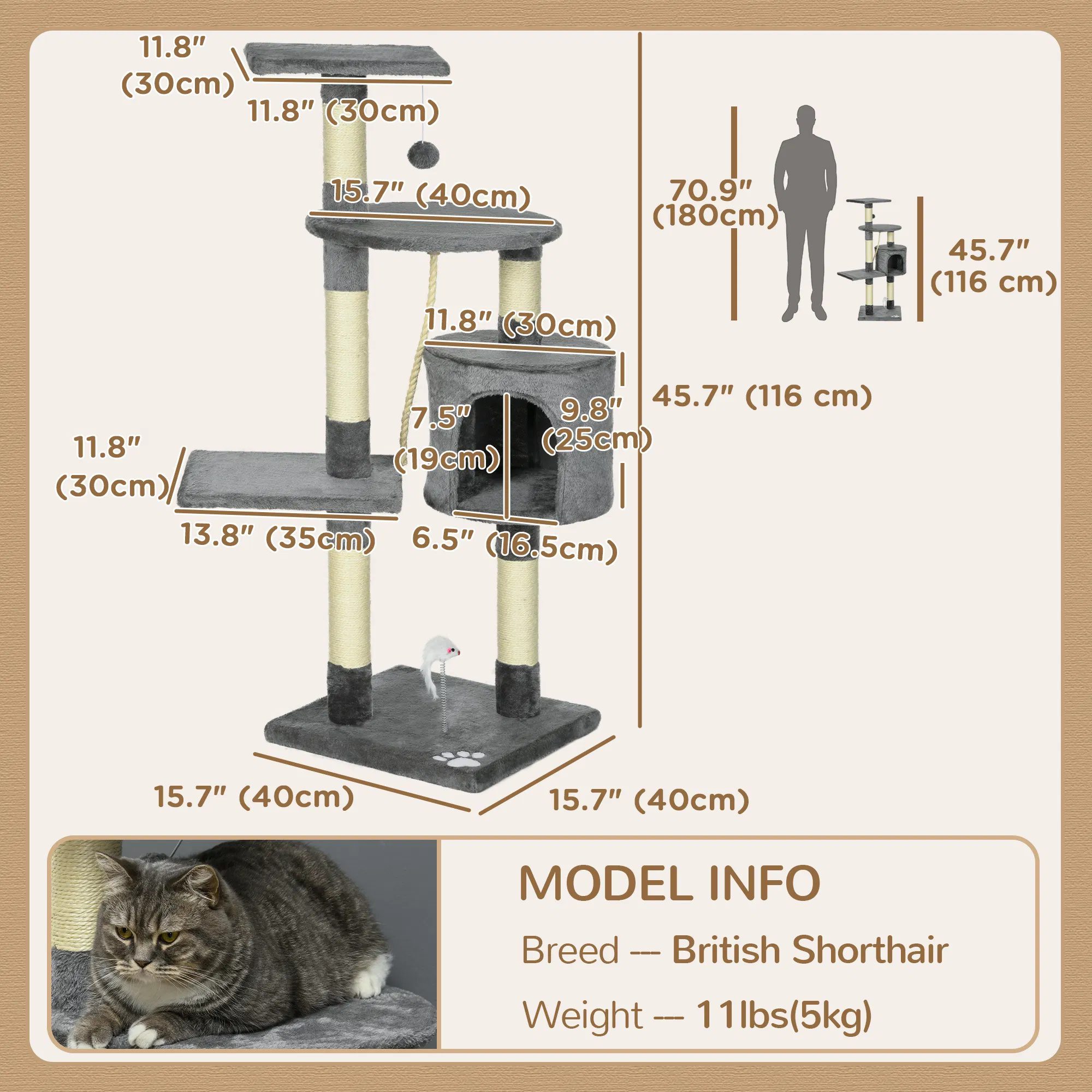 46Inch Scratching Cat Tree, Multi Level Cat Tower for Large Cats Adult with Toys and Condo, Grey - Image 2