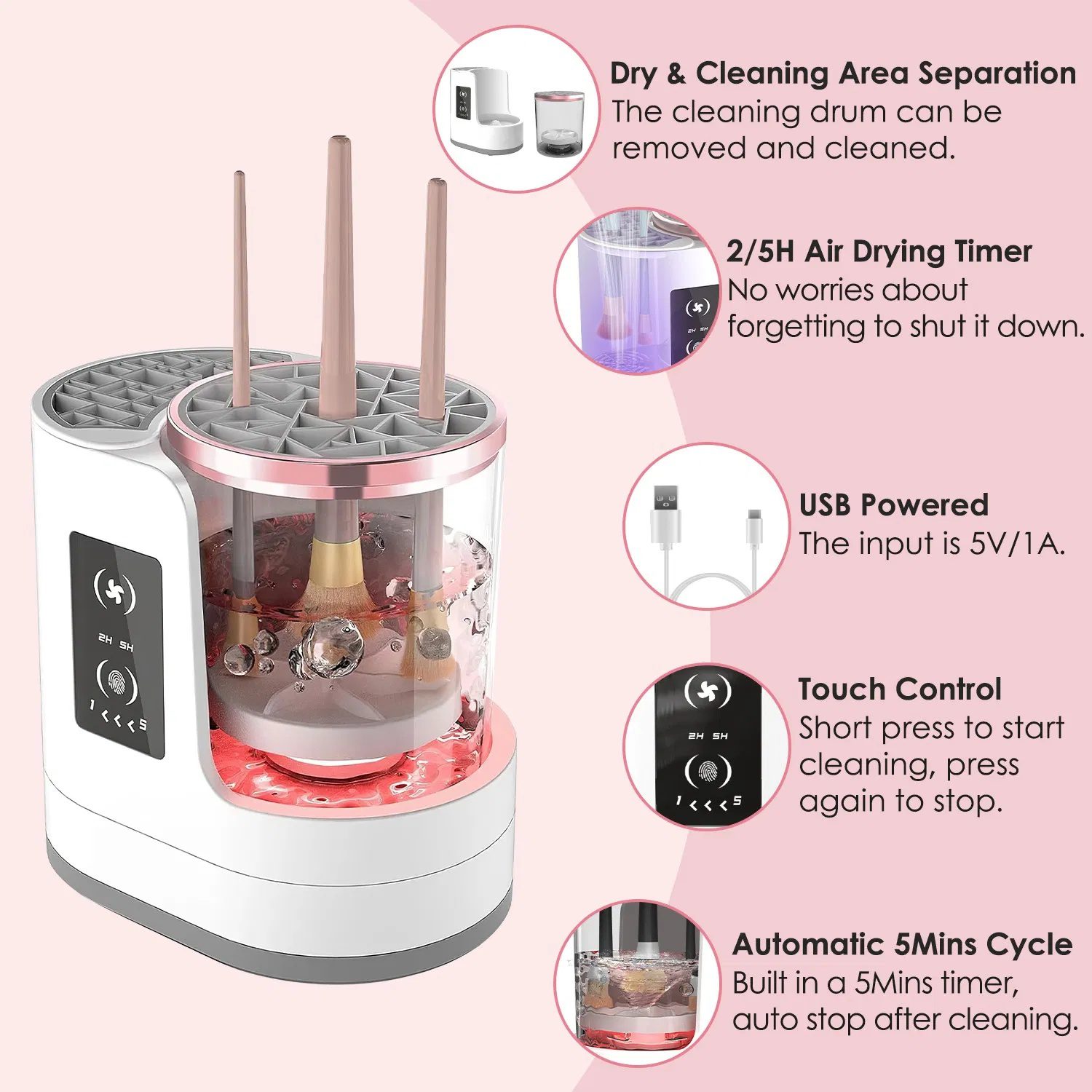 4 In 1 Electric Makeup Brush Cleaner USB Powered Automatic Brush Blender Machine with Timer Digital Display Cleaning Drying UV Disinfection Brush Storage For All Types of Brushes - Image 8