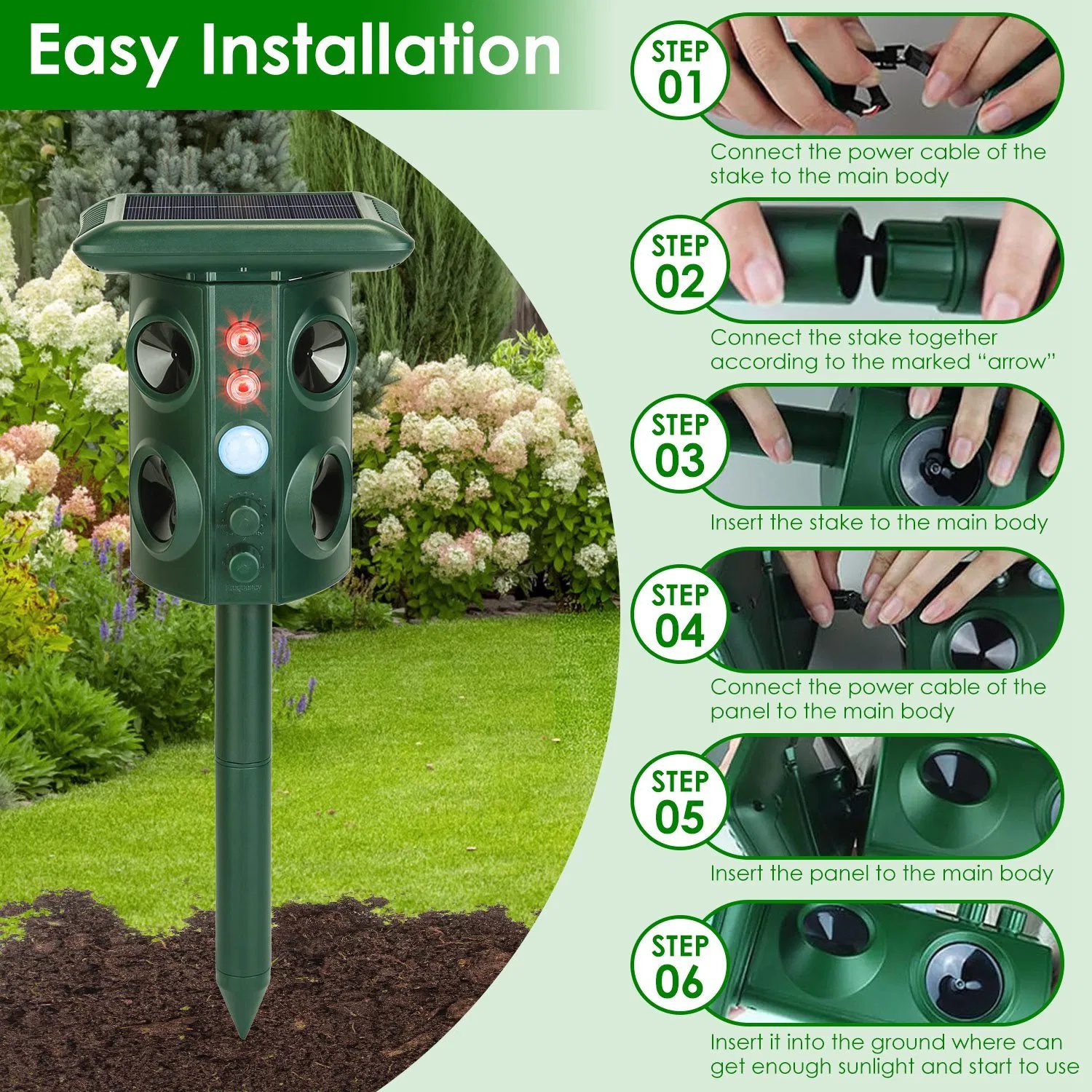 Solar Ultrasonic Animal Repeller Solar Powered Animal Repellent Chaser with PIR Motion Sensor IP54 Waterproof Sound Flashing Light for Deer Raccoon Squirrel Mice Snakes Cat Dog - Image 6