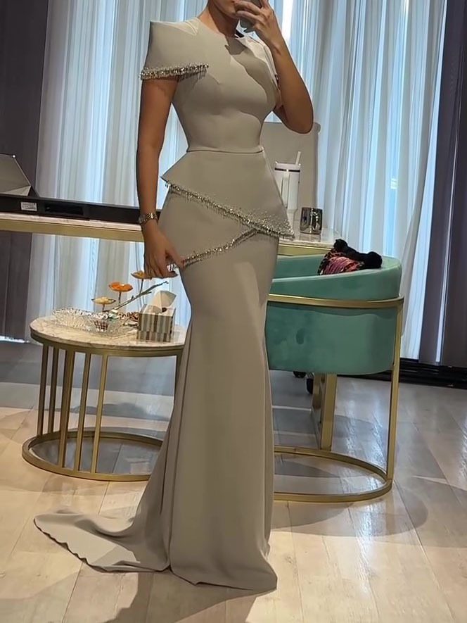 Light Grey Beaded Trim Short Sleeve Top & Mermaid Maxi Skirt Set - Image 6