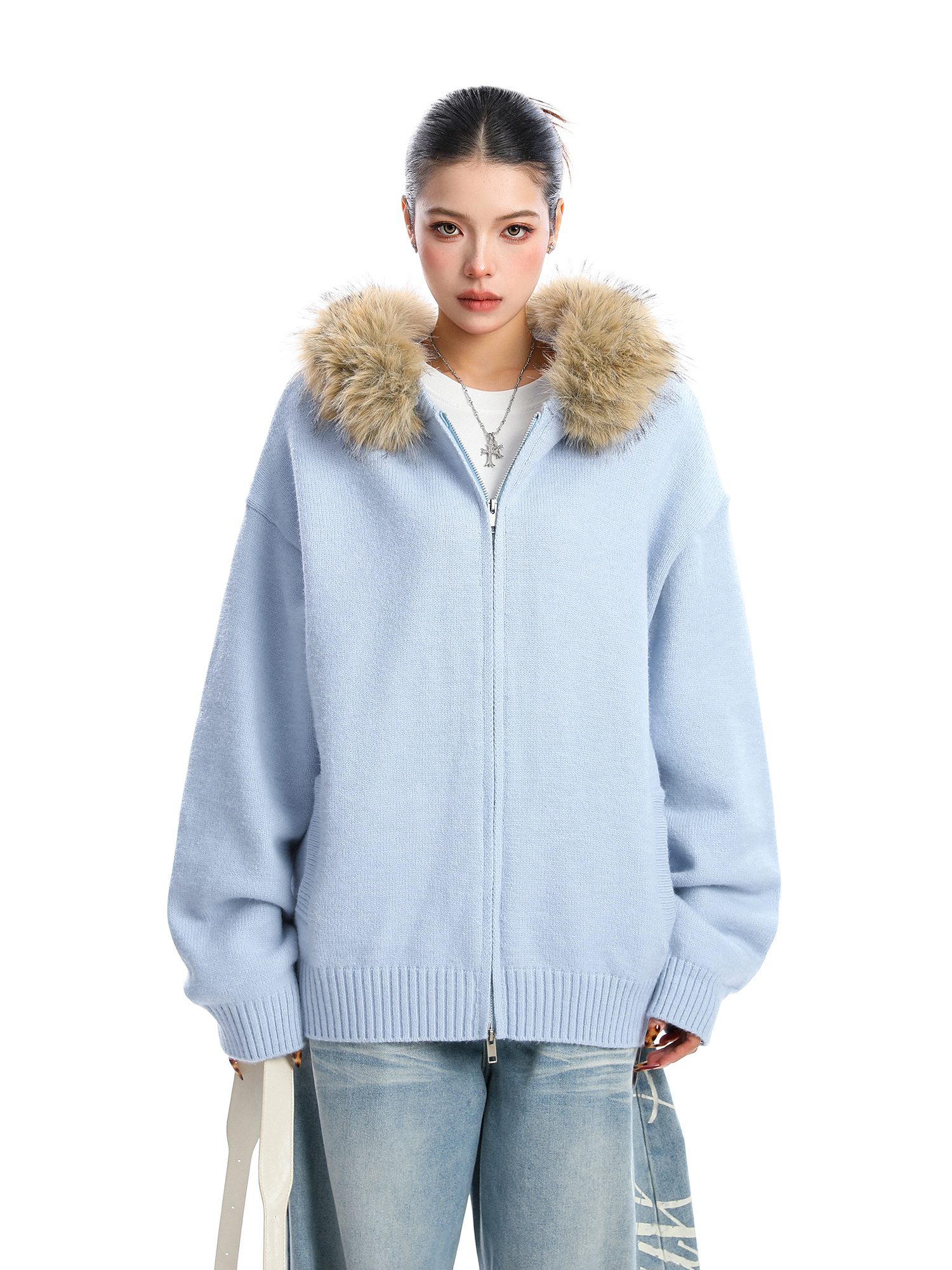 Detachable Fur Collar Hood Sweater Women's Coat - Image 3