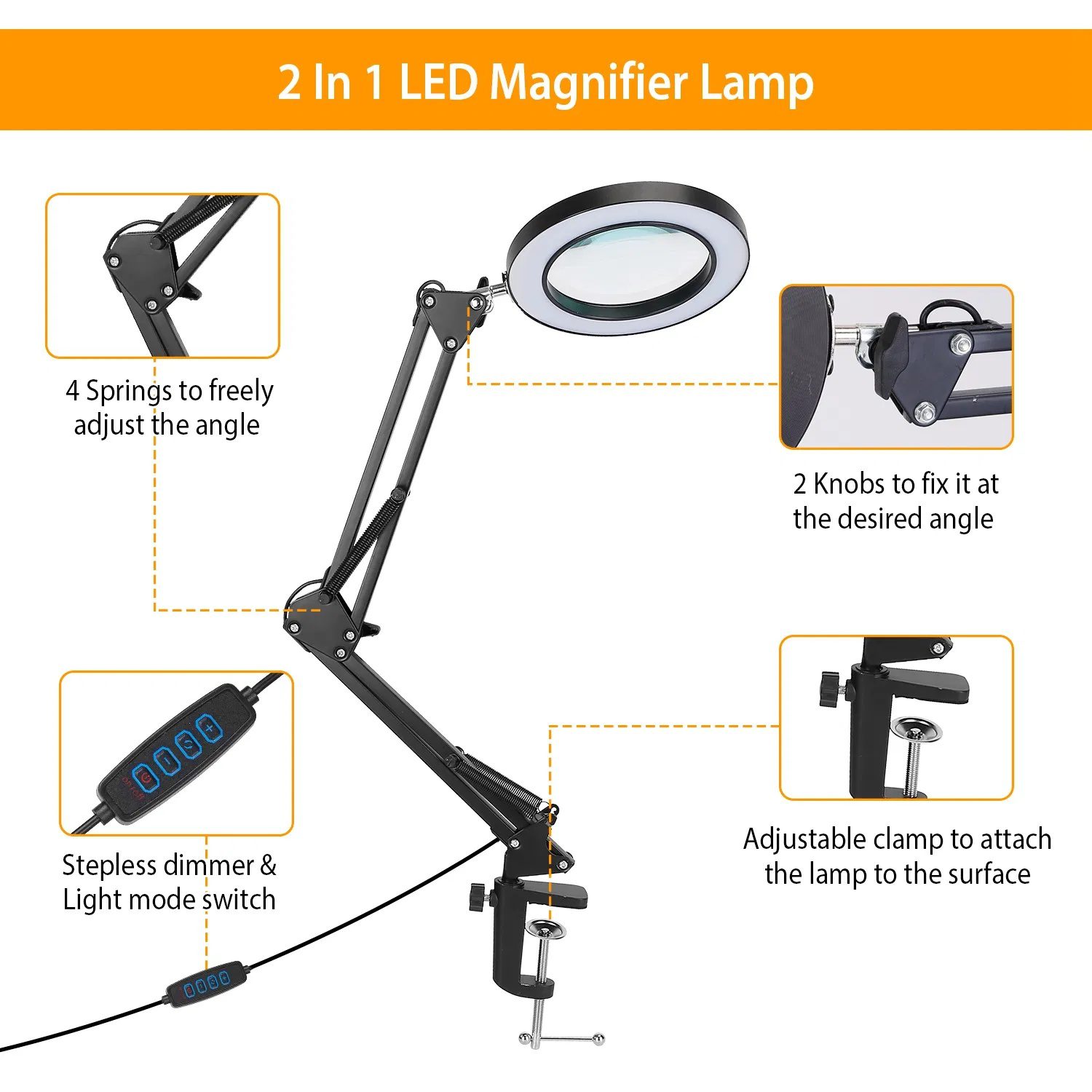 مصباح مكتب مكبر بإضاءة LED ومكبر زجاجي تكبير 8 أضعاف مع ذراع تأرجح، إضاءة طاولة ومكتب، مصباح قراءة يو إس بي - الصورة 5