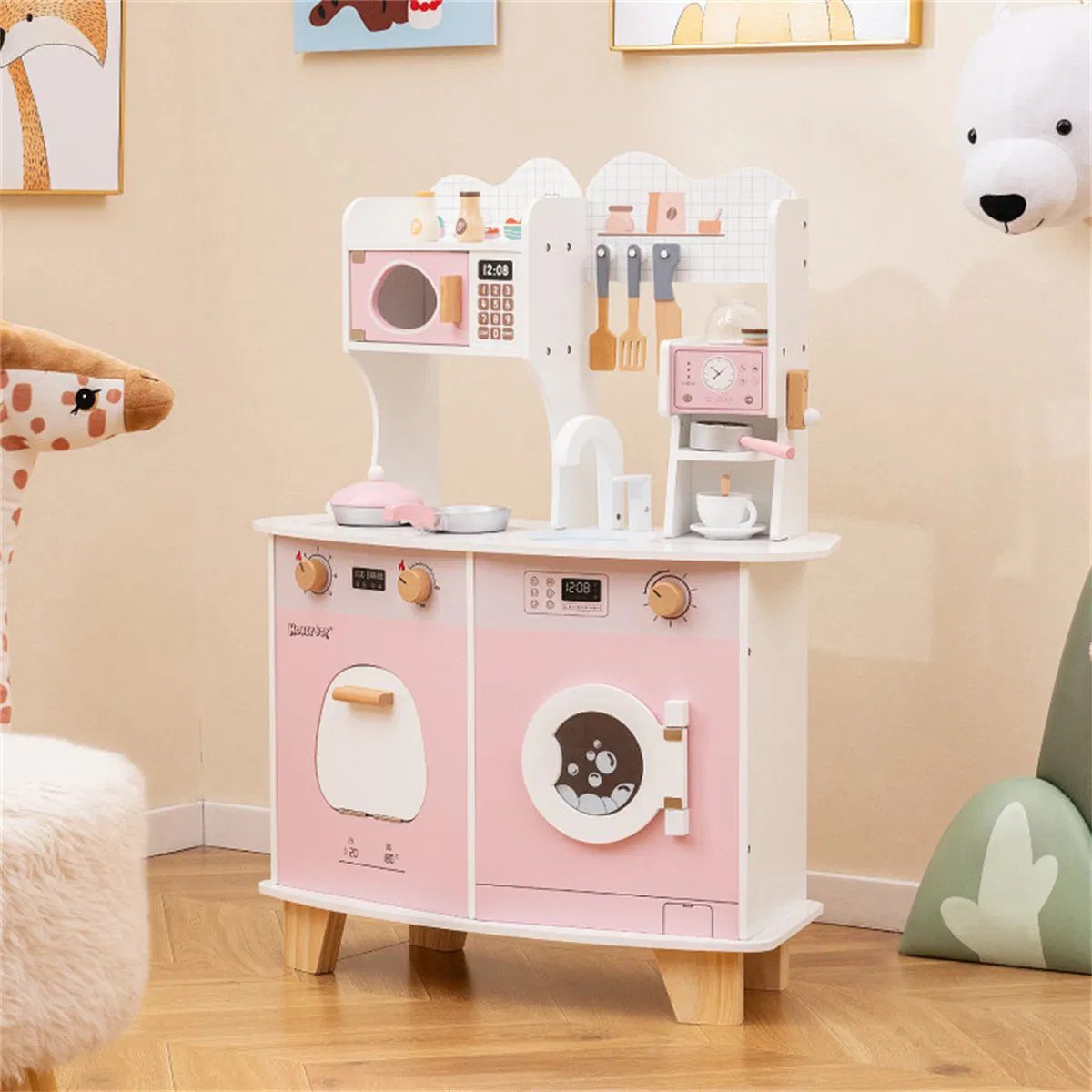 Pink Kids Coffee Kitchen Playset with Microwave Oven Stove for 3+ Years Old - Image 5