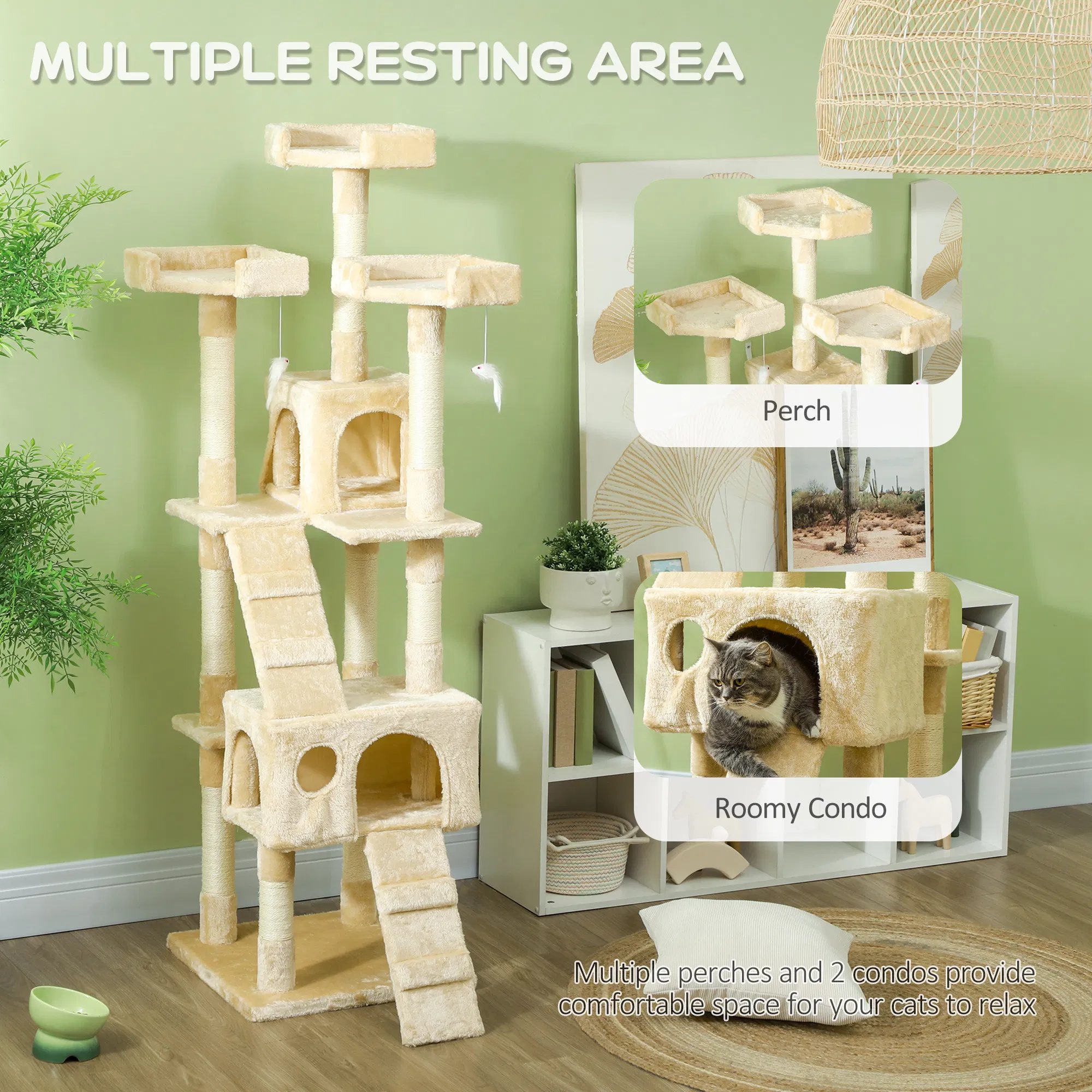 68-inch Multi-Level Cat Scratching Tree Kitty Activity Center Post Tower Condo Pet Furniture w/ Toy Beige - Image 5
