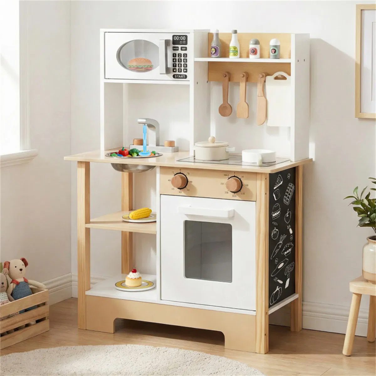 Kids Wooden Play Kitchen with 13 Accessories, Pretend Cooking Set with Chalkboard for 3+, White + Natural - Image 4
