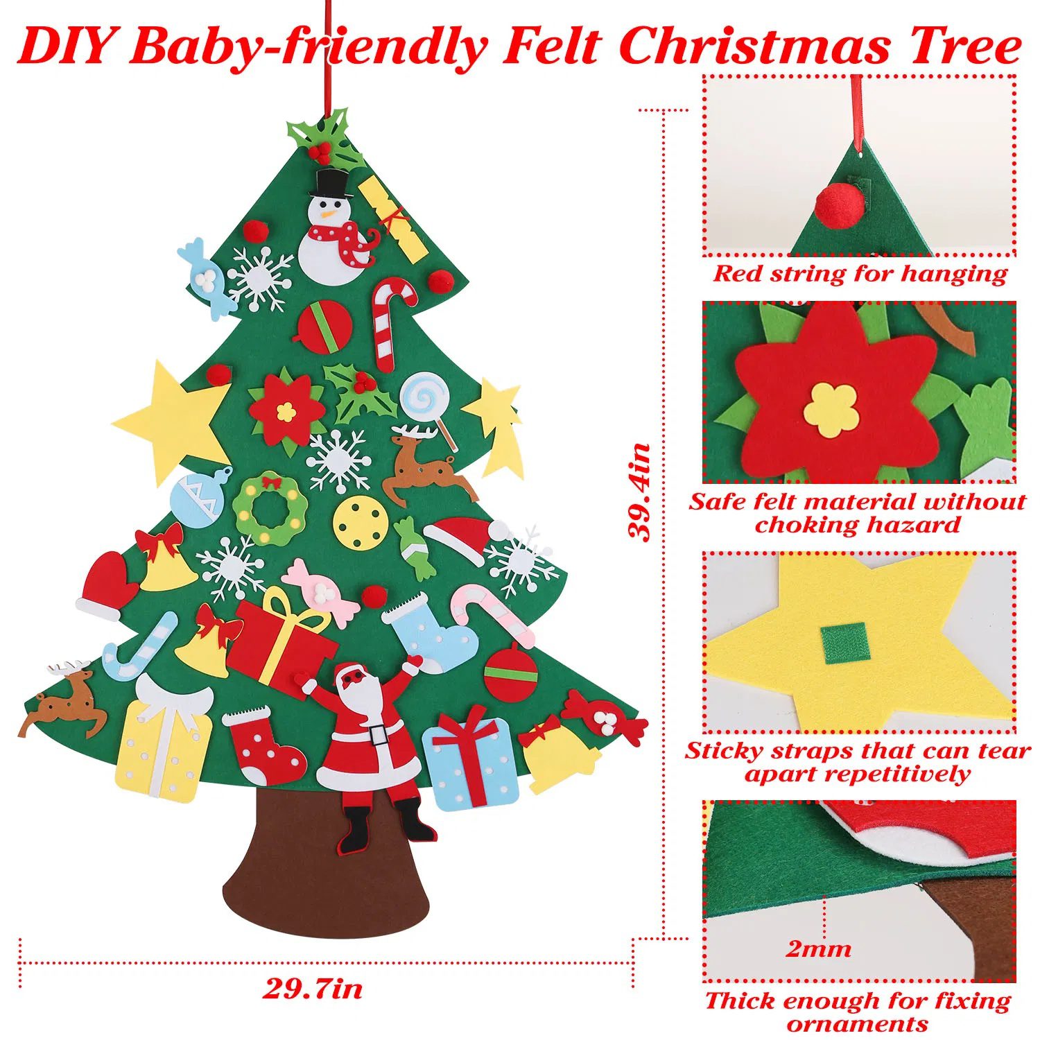 DIY Felt Christmas Tree 41Pcs Detachable Ornaments for Kids Toddler Wall Hanging Christmas Decoration Xmas Gift - Image 2