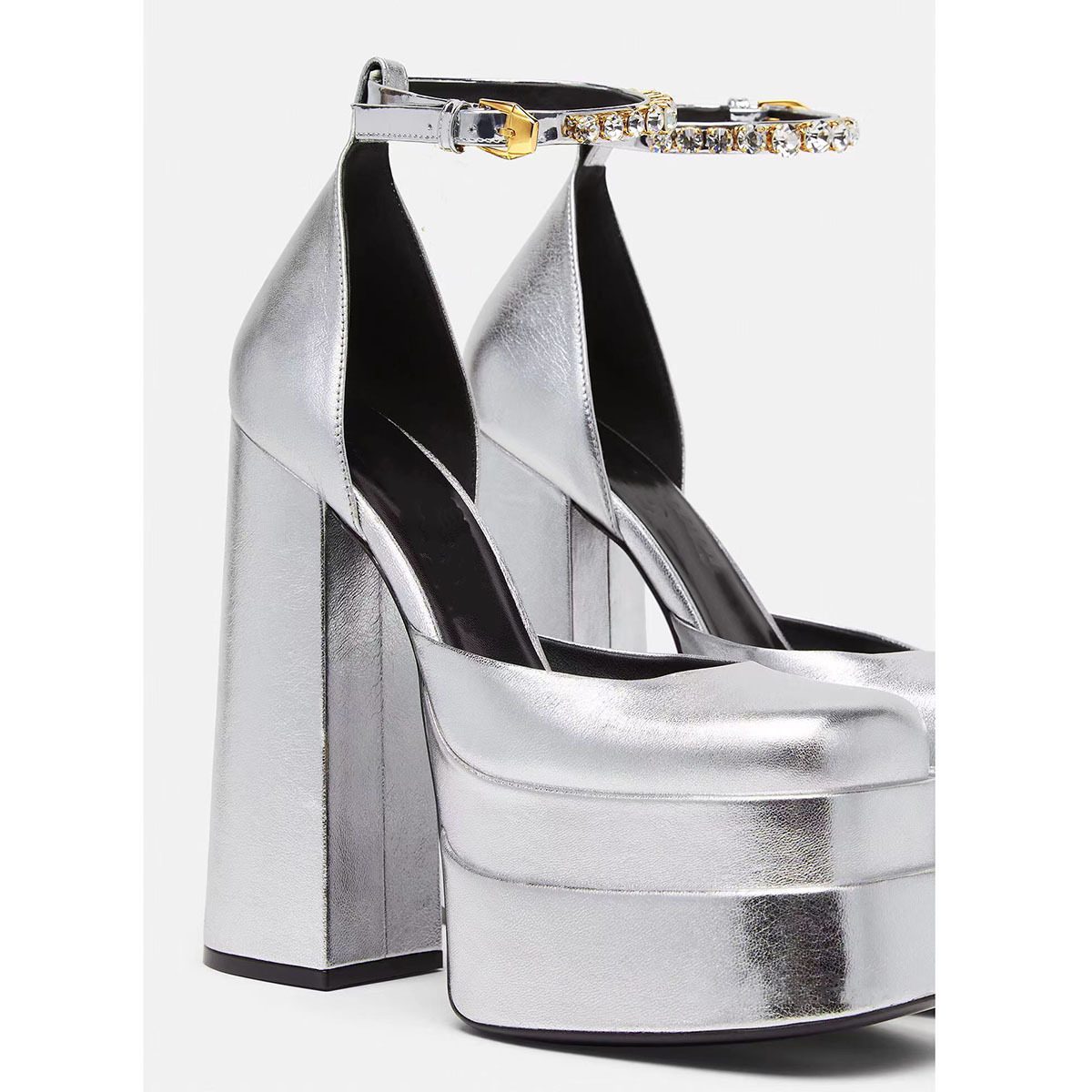 Golden Square Head Hollow Waterproof Platform Buckled Chunky Heel Super High Heel - Image 4