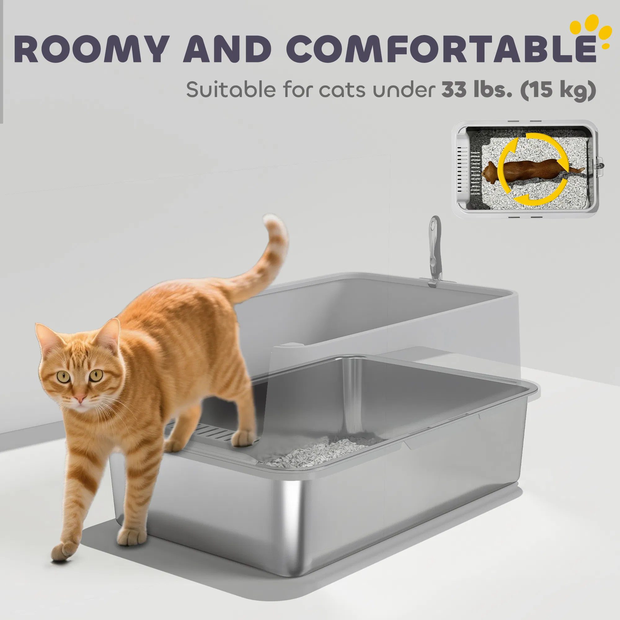 XL Stainless Steel Cat Litter Box for Big and Multiple Cats with High Wall Side, Scoop, Easy Cleaning & Odor Free - Image 6