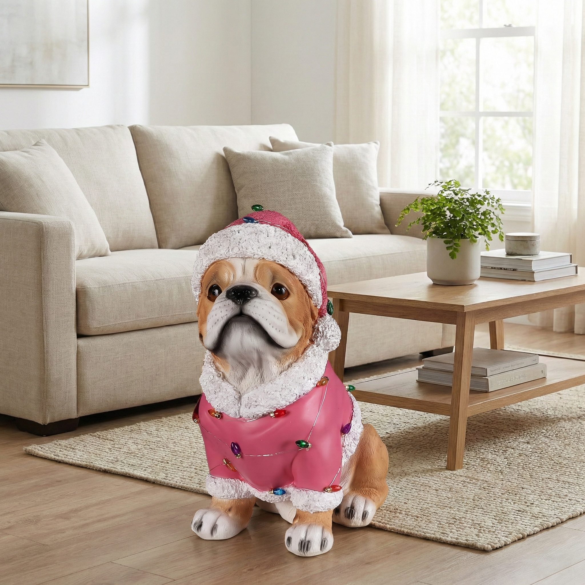 Christmas Pug Statue, Holiday Dog Figurine in Pink Santa Outfit - Image 7