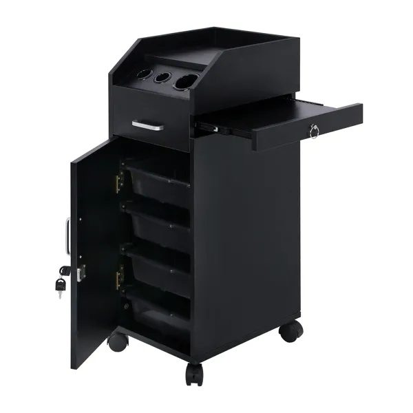 Hair Salon Storage Cart with Wheels & 3 Hair Dryer Holders & 4 Drawers & Lock & 2 Keys, Hairdressing Tools Station Mobile Makeup Case Black - Image 4